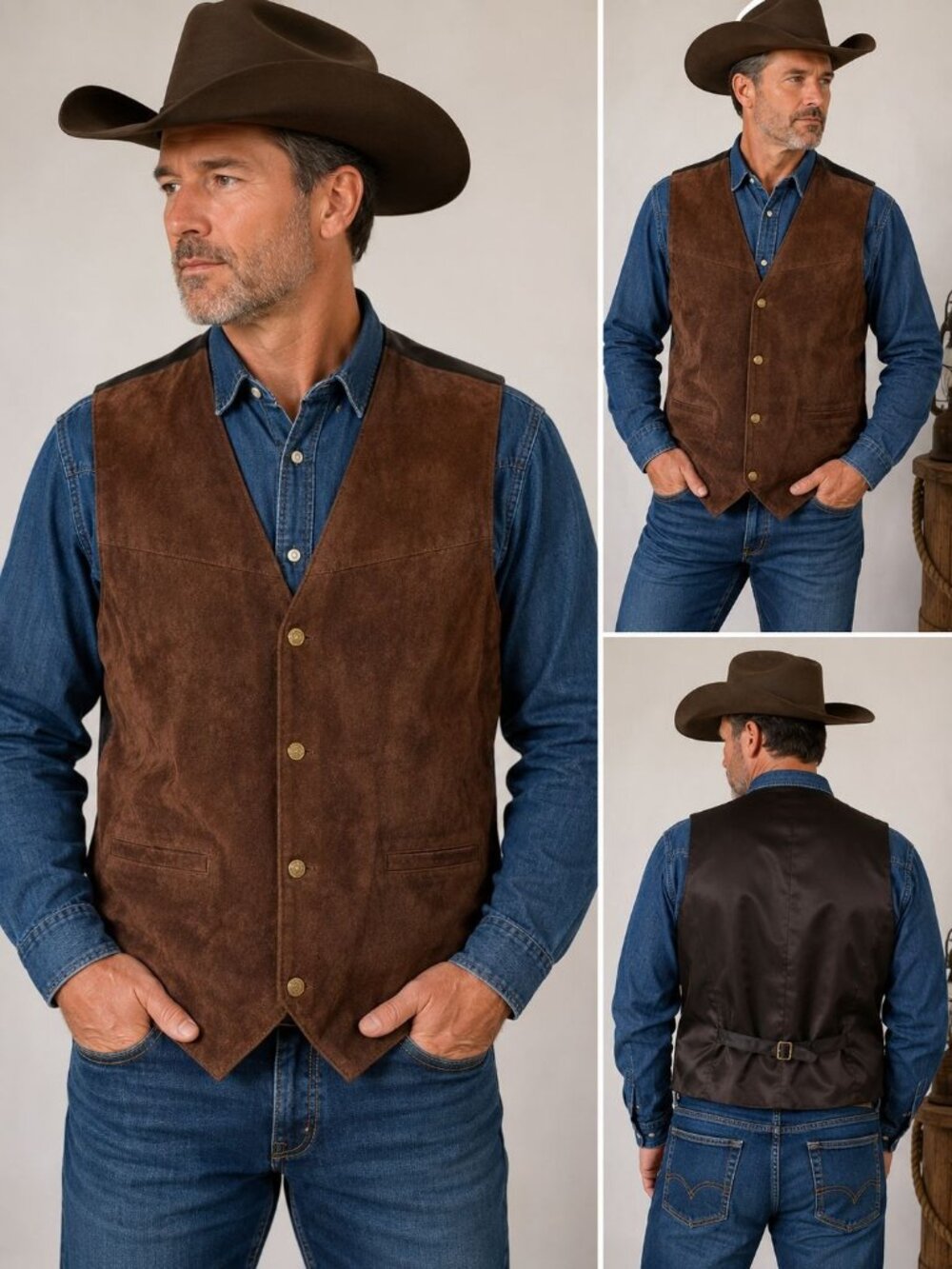 Scully men's leather vest  brown boar suede front snap button  Size 3X Western
